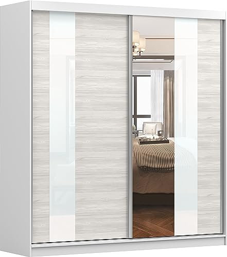 Fabryka Mebli Idźczak Kleiderschrank mit Spiegel, Schiebetüren - Schwebetürenschrank, Schlafzimmerschrank - 61 x 203 x 218 cm - Schrank für Schlafzimmer, Ankleidezimmer, Garderobe - Weiß, Creme