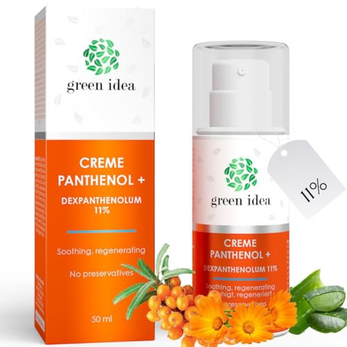 Green idea - PANTHENOL CREME + 11% | Après-soleil visage |11% dexpanthénol B5 | Aloe Vera, Calendula et Huile d'Avocat | Eczéma et Creme cicatrice 50 ml (1)