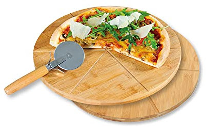 Kesper | 2 Pizzateller mit 1 Pizzaschneider, Material: FSC®-zertifizierter Bambus, Edelstahl, Maße: ø 32 cm/Stärke: 1 cm, Farbe: Braun |58465