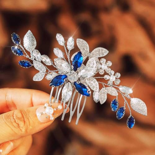 IYOU Peine para Pelo de Boda Novia Accesorios para el Cabello con Diamantes de Imitación Azul Tocado de Damas de Honor de Novia de Flores para Mujeres | Pieza de pelo de baile plateada y azul, pedrería, flor invitada, dama de honor, tocado