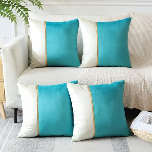 Sungeek 4er Set Kissenbezüge 45x45 cm, Weich Patchwork Samt Kissenbezug mit Gold Leder Dekorativ Zierkissenbezüge Couchkissen Deko Bezug Kissenhülle für Sofa Schlafzimmer Wohnzimmer (Blau)