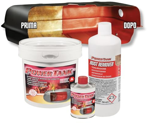 POWER TANK Trattamento Serbatoio Moto Auto (100/120 Litri) Kit Very big 2,5 kg per interno Serbatoi benzina Diesel Gasolio Elimina la Ruggine Ripara Protegge Arrugginito Vespa d'Epoca con Antiruggine