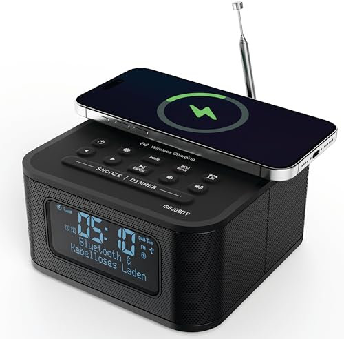 MAJORITY Knapton | Radio-réveil de chevet DAB+ avec Bluetooth | Chargement sans fil 15W | Double alarme bruyante, sommeil et snooze | Grand écran LCD rétro-éclairé avec fonction variateur de lumière