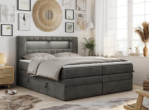 MKS MEBLE Boxspringbett 200x200 mit Led Samt Grau, Polsterbett mit LED Kopfteil, Multipocket Matratze H4, Doppelbett mit Bettkasten Stauraumbett - GOLD-5-KING - Velvet Dunkelgrau