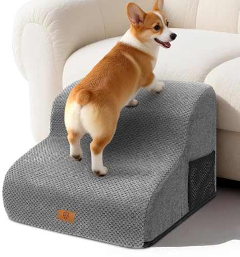 MASTERTOP Dog Stairs for Small Dogs, 3-Step Non-Slip Pet Steps for Bed Sofa | Gentle Slope Dog Ramp Waterproof Washable Cover, High Density Foam, Anti-Slip Corduroy for Couch Chair Older Dogs Cats, Grey