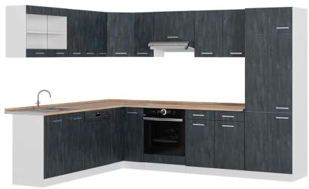 Vicco Hörnkök R-Line, Svart betong/Vit, 287 x 227 cm AP ek, flexibelt utbyggbar med modulära element