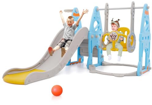 Rutsche Indoor ab 1 2 3 4 5 Jahr, 4-in-1-Kleinkindspielplatz mit Schaukel, Baby Rutsche Kinderzimmer, Gartenrutsche für Kleinkin für drinnen und draußen, Jungen und Mädchen, Hinterhof-Spielsets (Blau)