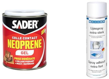 Sader Colle Contact Néoprène Gel Boîte 750 ml & WEICON Spray Adhésif Extra Fort 500 ml/Adhésif universel/Pouvoir adhésif élevé