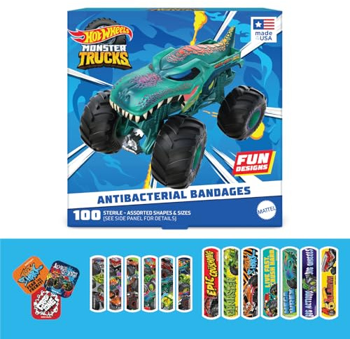 Hot Wheels Monster Trucks Antibacterial Kids Bandages, 3 Assorted Sizes 100 CT | Wear Like Stickers, Flexible Adhesive Bandages for Minor Cuts, Scrapes, and Burns. Great Gift idea for Kids