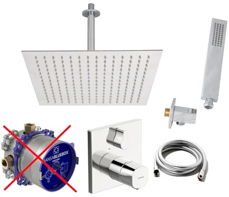 vanvilla Duschsystem mit Unterputz Duscharmatur von Hansa Living Thermostat Armatur und vanvilla Regendusche mit Armatur, Duschkopf eckig, Dusch-SET A107-ob poliert