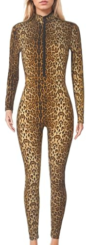 Maeau Damjumpsuit långärmad catsuit leopard, figurnära overall, elastisk ståkrage, lekdräkt, dragkedja, bodycon jumpsuit S–XL, Brun ljusbrun, XL