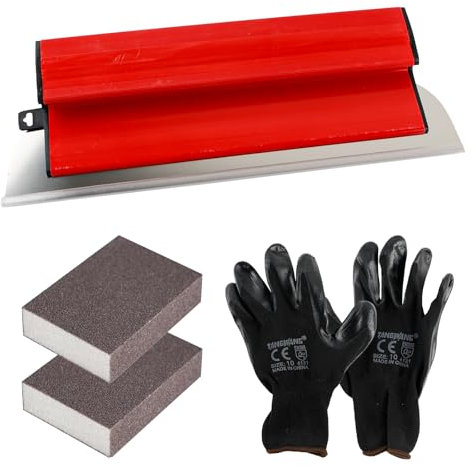 Spatule de Surface, Outil de Spatule, Outil de Plâtrage avec 2 Éponges Abrasives de 120 Grains et Gants, Lame Interchangeable en Acier Inoxydable 0,3 MM Outil de Spatule (Rouge, 40CM)