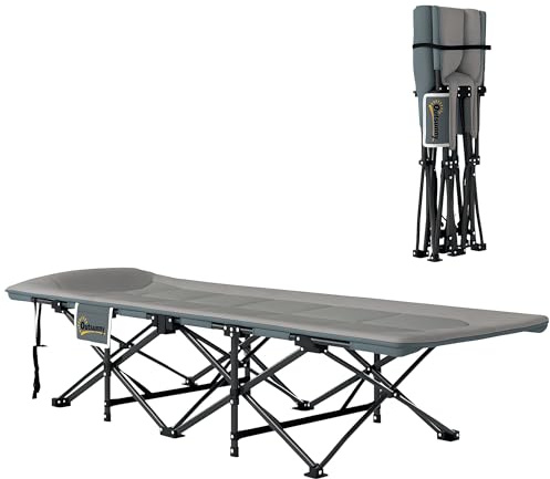 Outsunny Lit de Camp Pliable 1 Personne pour Adultes avec Coussin et Appui-tête, lit Camping Pliant et Portable avec Poche latérale, Charge jusqu'à 150 kg, pour extérieur, Camping, Voyages, Gris