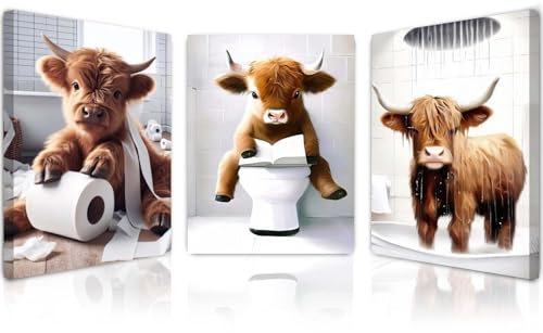 Qiukoo Highland Cow Bathroom Wall Art Set of 3 – Framed Canvas Pictures with Hooks, Funny Animal Artwork for Bathroom Decor, Wall Art for Bedroom or Toilet, 12x16 Inch Each