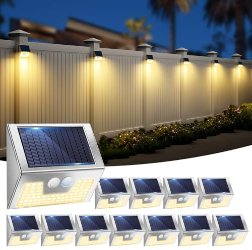 Solar Lights Outdoor Motion Sensor- Stainless Steel Led Security Lights IP65 Waterproof, 3 Lighting Modes, Warm White Brushed Nickel Pir Flood Lights for Wall Garden Yard Path - 12 Pack(Silver)