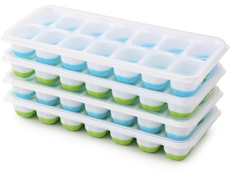 Lot de 4 bacs à glaçons en silicone avec couvercle sans BPA - Empilables - Sûr et sain - Pour bouillie de bébé, cocktail, whisky, café (2 bleus + 2 verts)