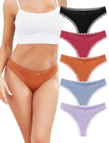 VOENXE Tangas Mujer Encaje Pack,Sin Costuras Bragas Mujer,Invisible Braguitas LenceríA BrasileñAs,Microfibra Ropa Interior,Women Underwear Seamless,Deportivos Thong Cómodos Laser Panties,Paquete De 5
