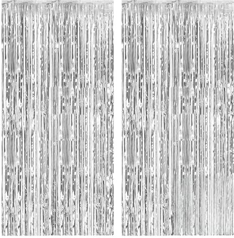 RoadLoo Lametta Vorhang, 2 Stück Luftschlangen Dekoration Silber Luftschlangen Party Vorhänge Party Hintergrund Glitzervorhang für Abschlussfeier Geburtstag Verlobung Weihnachtsfeier (Silbrig)