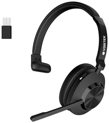 Voistek Auriculares inalámbricos Bluetooth mono con micrófono, 45 horas de duración de la batería, micrófono con cancelación de ruido, dongle USB, compatible con Windows, MacOS, iOS, iPadOS, Android