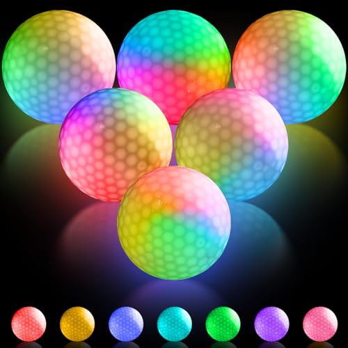 Palline da golf a LED, luminose, con 7 colori, 6 palline da golf, luce notturna, luce a LED, luci scure, golf, per allenamento notturno e tiro a lungo raggio