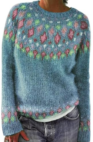 Fairisle - Jersey de lana para mujer, talla grande, cuello redondo, suave, cálido, elegante, nórdico, de punto, para mujer, manga larga, para Navidad, otoño e invierno