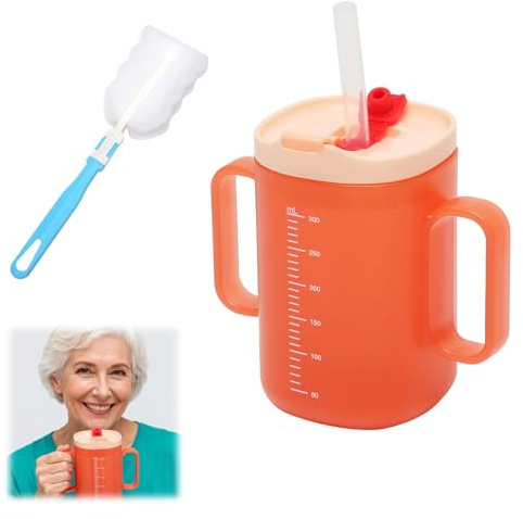 Gobelet à bec anti-fuite de 300 ml pour personnes âgées, 12,6 x 10,7 cm, avec paille et aide à boire lentement, pour personnes âgées, patients, enfants et adultes