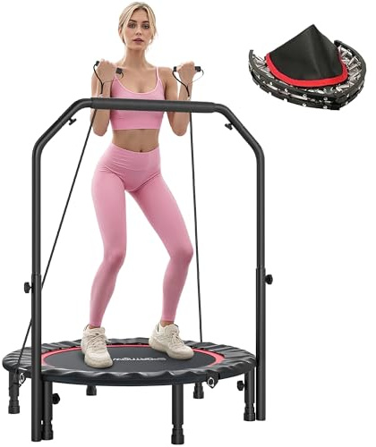 SPORTNOW Trampolín de Fitness Adultos Ø102 cm, Cama Elástica Plegable con Mango Ajustable de 4 Niveles y Bandas, para Entrenamiento Piernas Cuerpo en Hogar Oficina Gimnasio Exterior, Carga 150 kg Rojo
