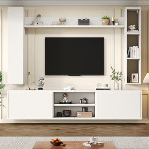 Biqzuya Meuble TV Mural et sur Pied 180x35x33.5 cm - Bibliothèque Murale avec vitrines (Set 4 éléments) - Mur médias INCL. Console TV, étagère et 2 Panneaux muraux, téléviseurs jusqu'à 80