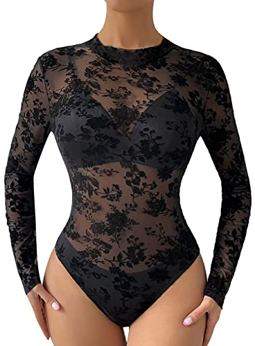Generisch Body en dentelle pour femme - Manches longues - Haut transparent - Une pièce - Imprimé floral - Manches longues - Combinaison à col rond - Maillot une pièce, Noir , S