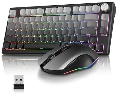 RedThunder K75 Gaming Tastatur und Maus Set Kabellos, 75% US Layout, Seitliche TKL Membrantastatur, 2,4G/USB/BT-Modus, Dual-Betriebssystem, Dreimodus-Maus, 4800 DPI, 4000 mAh (Gradient Grey)