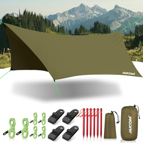 JAICOM Camping Bâche Anti-Pluie, 3.6x2.9m Tarp Rain Fly, Bâche de Tente | avec Oeillets, Piquets en Aluminium, Nylon Corde, Clip de Bâche Tente, Imperméable pour Extérieur, Randonnée, Hamac