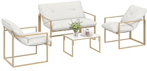 Outsunny Juego de muebles de jardín de 4 piezas con cojines extra gruesos de 15 cm – Conjunto de muebles de jardín y grupo de asientos bajos para patio – Sofá de 2 plazas con mesa de centro y 2