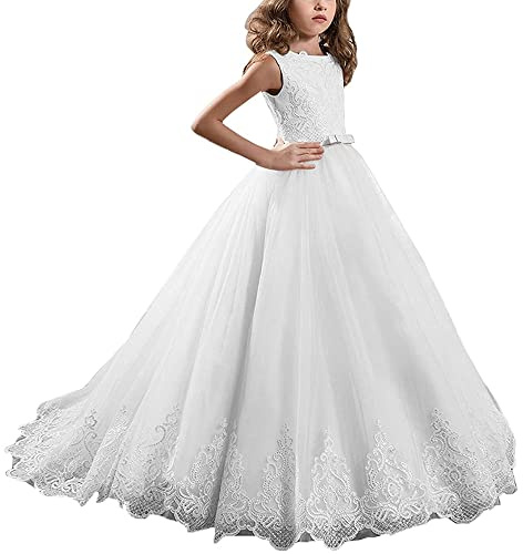 Flower Girl Dress for Wedding, First Communion, Pageant - Lace Sequin Ball Gown Princess Dress for Birthday, US 10 White