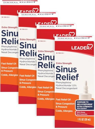 Leader Extra Strength Sinus Relief, Fast Acting, Sinus Decongestant, Nasal Congestion Relief Spray, Cold & Allergy 30 mL Bottle (Pack of 4)