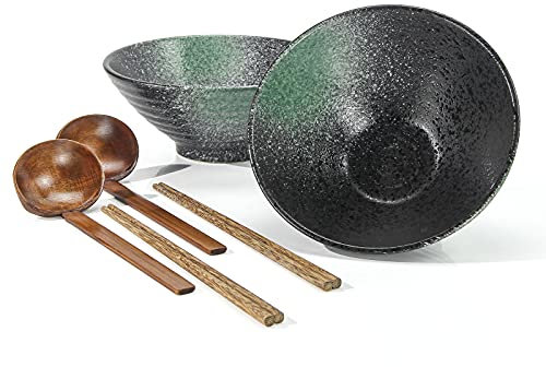 Juego de 2 cuencos de ramen de cerámica - Tazones de fideos de porcelana para pasta, sopas, ensaladas, aperitivos, cereales con cucharas y palillos, 1000 ml