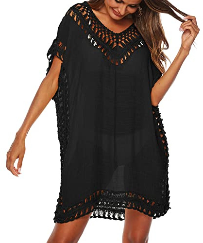 Baynetin Robe de Plage Femme Ete- Bikini Cover Up - Poncho Maillot De Bain Chemisier Pareo, Dentelle au Crochet Cache-Maillots (Noir)