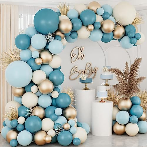 115pcs Blue Balloons Arch Kit, Blue Balloon White Sand Balloon and Gold Birthday Balloons, Dusty Ballons Garland for Birthday Decoration,Baby Shower, Wedding,Graduation,Prom Party Decor