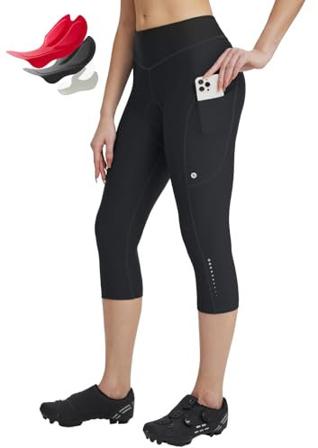 baleaf Damen Fahrradhose 4D Gepolstert Radfahren Caprihosen Hohe Taille Radfahren Fahrrad Polsterung Strumpfhose mit Taschen Schwarz S
