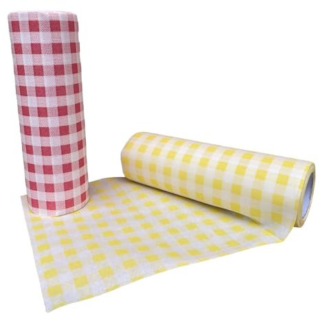Eurotel Lote de 2 rollos de 30 servilletas de pulpa de madera. Ecológico. Aspecto tejido. Ultra resistente. Vichy Rojo y Amarillo - 60 servilletas 23 x 23 cm