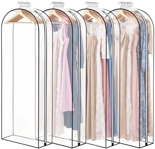 4 Pack Full Clear Garment Bags, 60 Clothes Covers with 10 Gusseted, Transparent Bags for Hanging Clothes, Suit Bags, Coat Covers for Closet with Side Zip for Coats, Jackets, Windbreaker, Dress