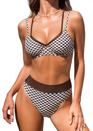 CUPSHE Women's Bikini Sets Two Piece Swimsuit High Waisted Underwire Double Straps Crisscross Back Self Tie,M