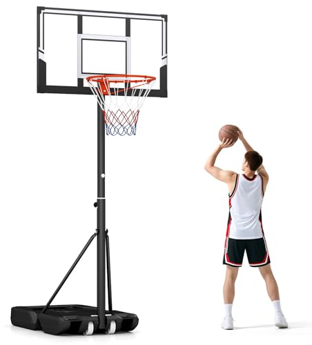 GYMAX Panier de Basket Mobile Portable pour Enfants Adultes, 18 Hauteurs Réglables 100-305cm, Utilisation Intérieure et Extérieure, Base Remplissable d'eau ou de Sable, Panneau Incassable