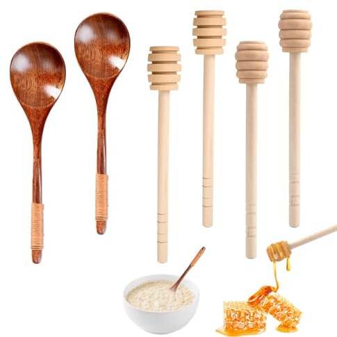 ASISUN 6 Pièces Set Cuillères & Agitateurs à Miel - 2 Cuillères à Miel en Bois + 4 Bâtonnets Mélangeurs Spirale arroseur de Miel pour Pot de Miel