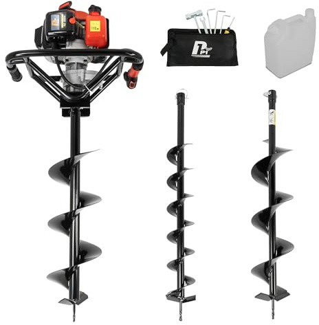 P1 56cc Petrol Earth Auger – Post Hole Borer & Ground Drill with 100, 150 & 200mm Bits – Ideal for Fencing, Tree Planting, Soil Drilling & Landscaping