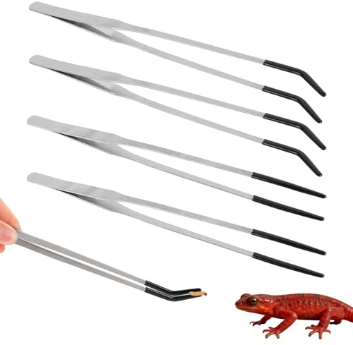 Goktvai 4pcs Reptile Feeding Tongs, Stainless Steel Straight Curved Aquarium Feeder Tweezers Tools with Rubber Tips for Bearded Dragons Snake Lizards Gecko