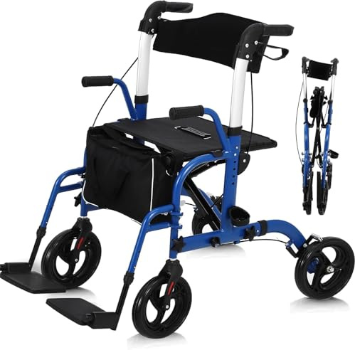 RBFGYIOP Rollator 2 in 1 per anziani - Deambulatore pieghevole leggero con seduta, schienale, poggiapiedi e poggiabraccia - Telaio in alluminio, freni manuali, supporto 136kg, tutti i terreni - Con