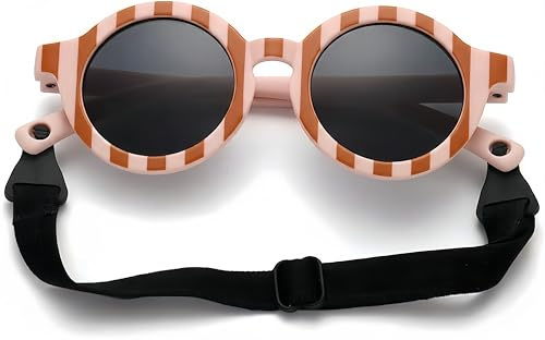 RUISOPE Lunettes de Soleil Bébé Polarisées UV400, Cadre Flexible en TPEE et Cordon Réglable Lunette Soleil Bebe, pour Garçon et Fille de 0 à 3 Ans (Rose-Brun)