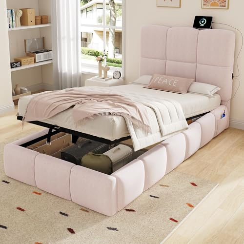 Mrwoo Cama Tapizada 90x200cm con USB, Cama Individual con Compartimento de Almacenamiento Hidráulico, Además, Rosa (Cama Sin Colchón)