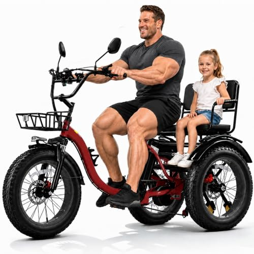KAKIGO Electric Tricycle with Passenger Seat,Two Seater Electric Tricycle for Adults,48V 15.6Ah 2 Seater Electric Trike,Front&Rear Basket,Rear Differential