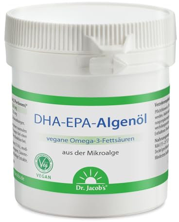 DHA-EPA-Algenöl Kapseln I Omega-3-Fettsäuren aus der Mikroalge I für Herzfunktion¹, Gehirnfunktion und Sehkraft² I 250 mg DHA und EPA pro Kapsel I Dr. Jacob's I 60 Kapseln I vegan